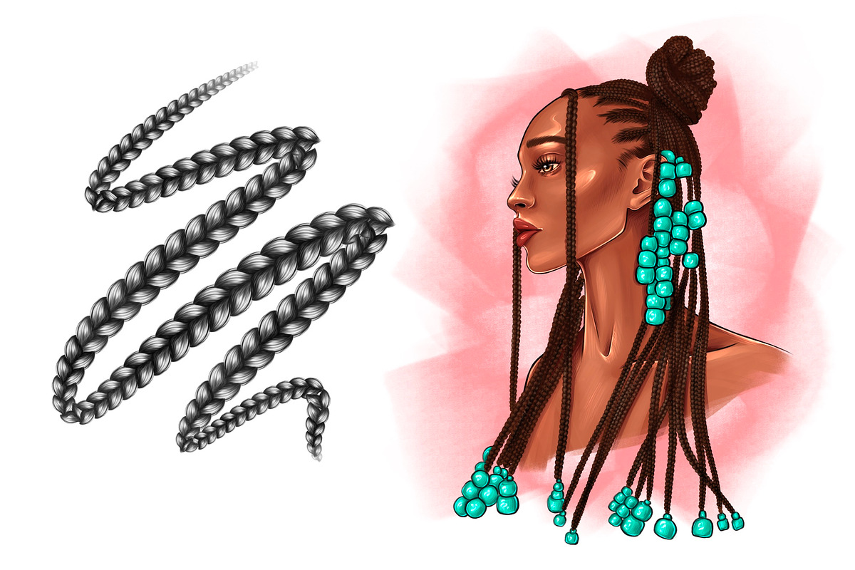 Procreate brush curly hair pigtails, a Brush Add-On by Elenbushe (Photo 4 of 7)