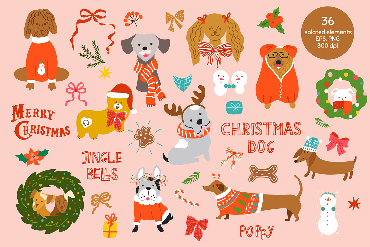 Pink Christmas dogs & bows, a Pattern Graphic by Tani Kuzminka (Photo 4 of 15)
