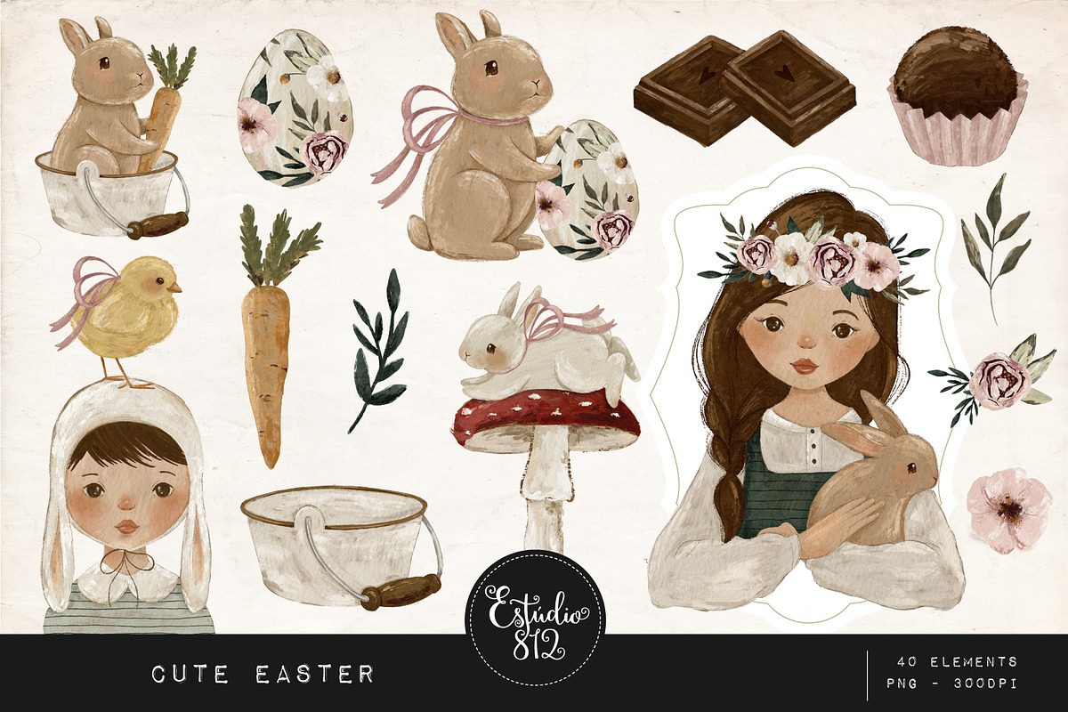 Cute vintage easter clipart set, an Illustration by Estudio 812 (Photo 1 of 7)