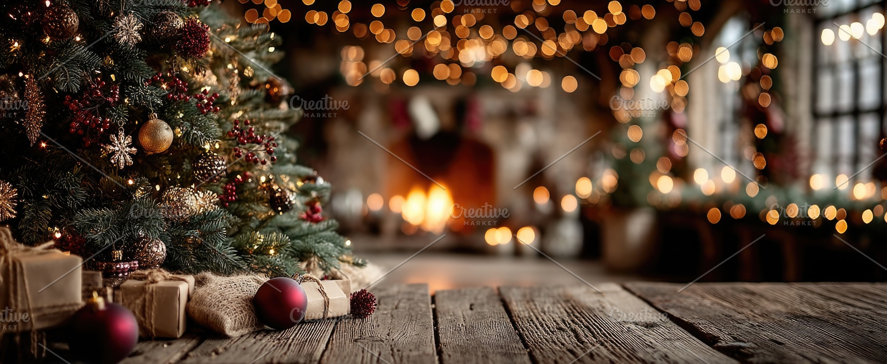 Cozy Christmas Tree Interior with Fireplace, Gifts and Rustic Wo, a Background Photo by José Manuel Gelpi