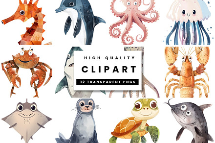 Watercolor Sealife Animals Clipart