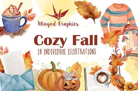 cozy fall: set of 18 watercolors
