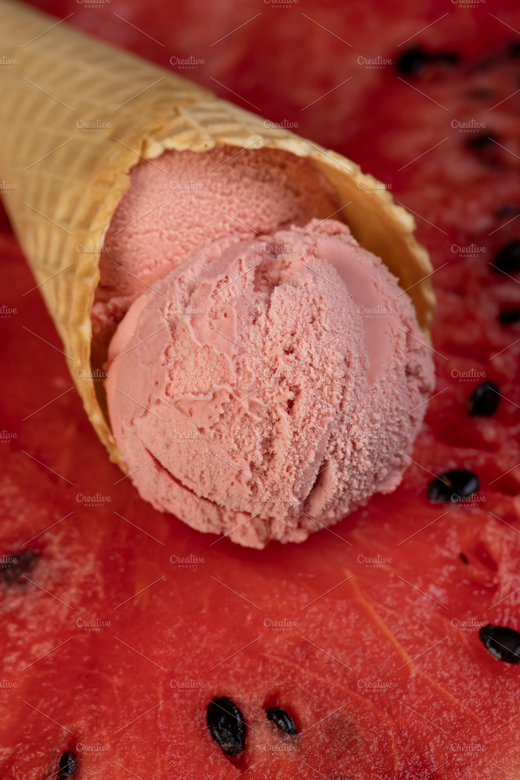 ice cream and red ripe watermelon, a waffle cup with watermelon-flavored ice cr, a Photo by rsoollAI