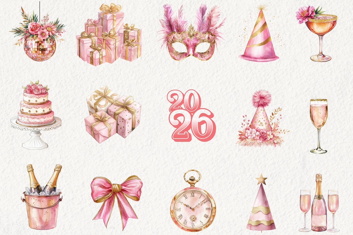 Glittery Pink New Year's Eve Clipart, an Illustration by NadiaTheronArt (Photo 2 of 5)
