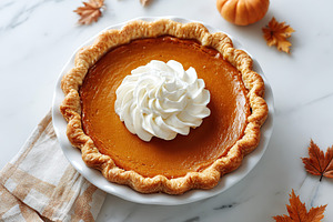 Delicious pumpkin pie with whipped cream topping, a Food & Drink Photo by AlyaAnd