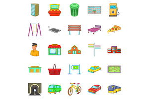 City Park Icons Set, Cartoon Style