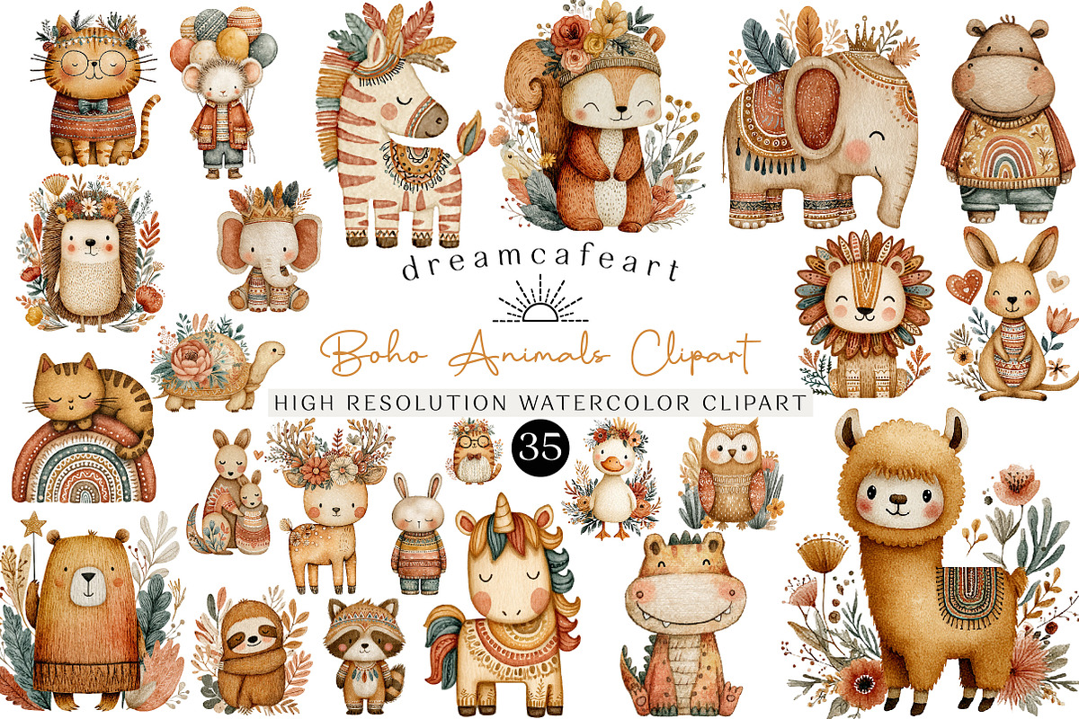 Watercolor Boho Animals Clipart, an Illustration by DreamCafeArt (Photo 1 of 6)
