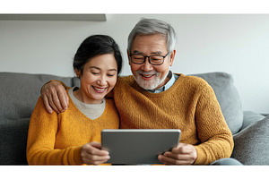Asian senior couple enjoying time, a Technology Photo by Sergey Kotenev