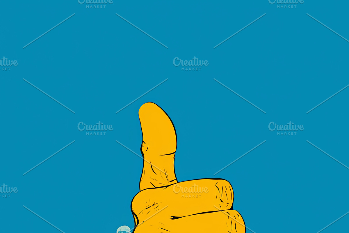 Illustrated hand giving thumbs up amidst vibrant colored clouds and stars, an Illustration by AS photostudio