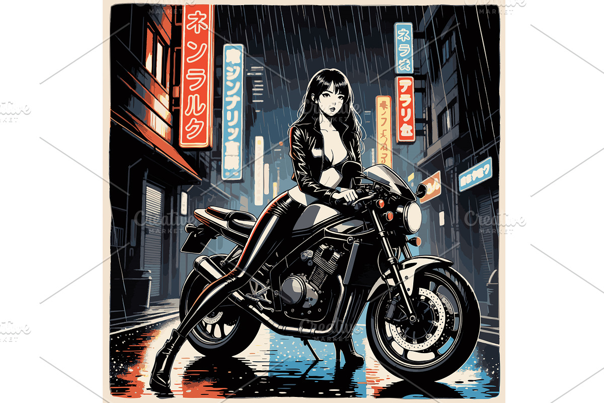 Cyberpunk Biker Woman in Rainy Neon, a Person Illustration by AlexArt