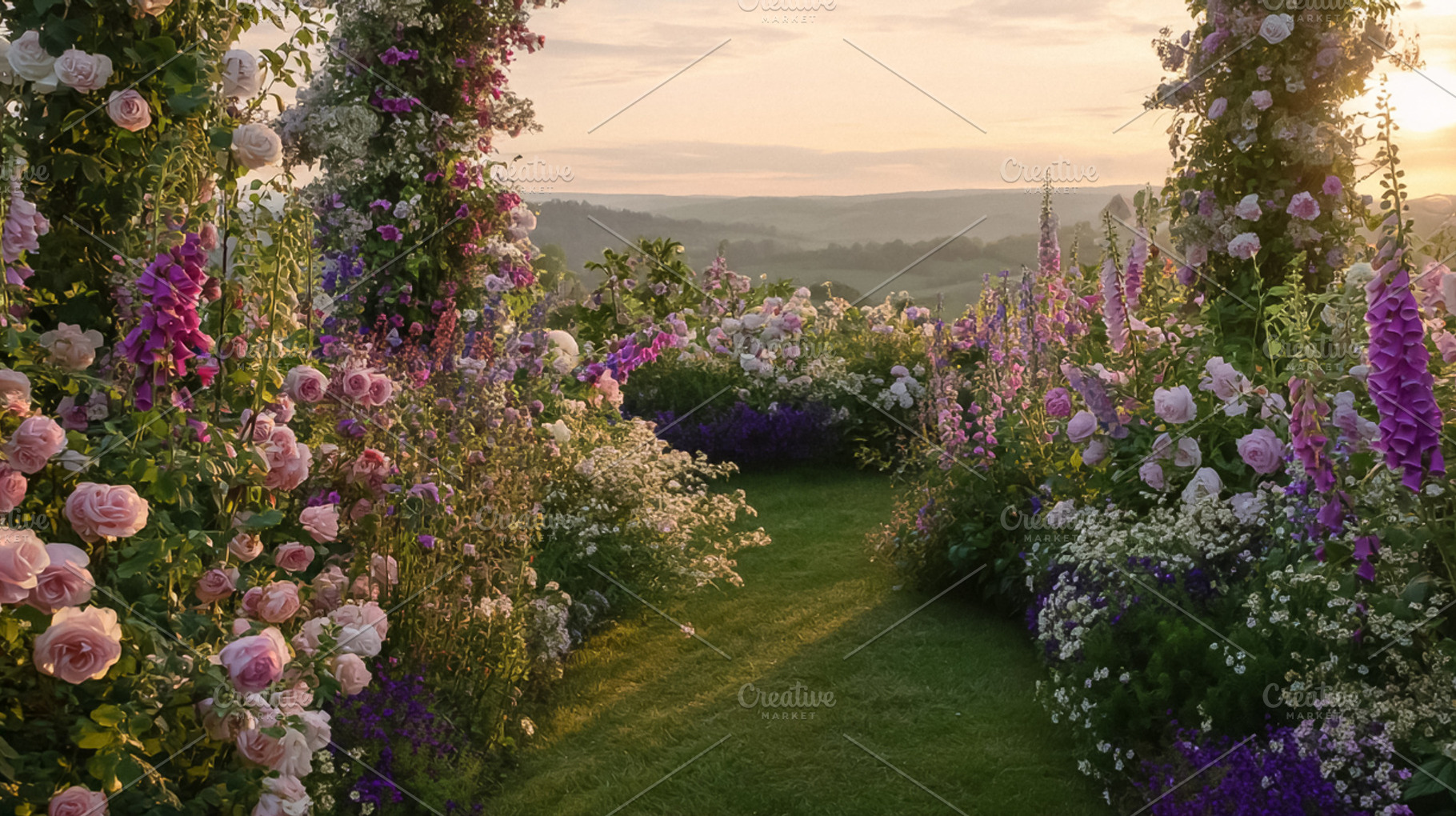Garden path framed by climbing roses and foxgloves, leading to a, a Photo by Studio ANNA