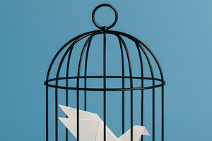 origami dove behind cage bars, generative AI, a Photo by Nito