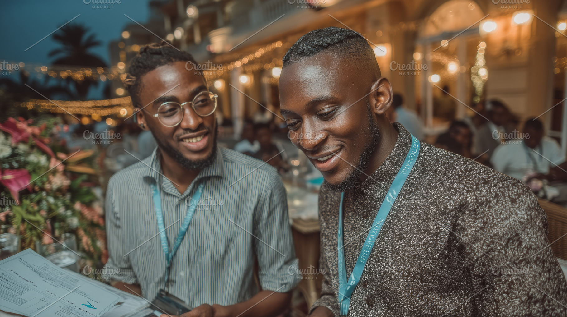 Two black friends enjoying a lively evening at a festive outdoor gathering, an Industrial Photo by AS photostudio