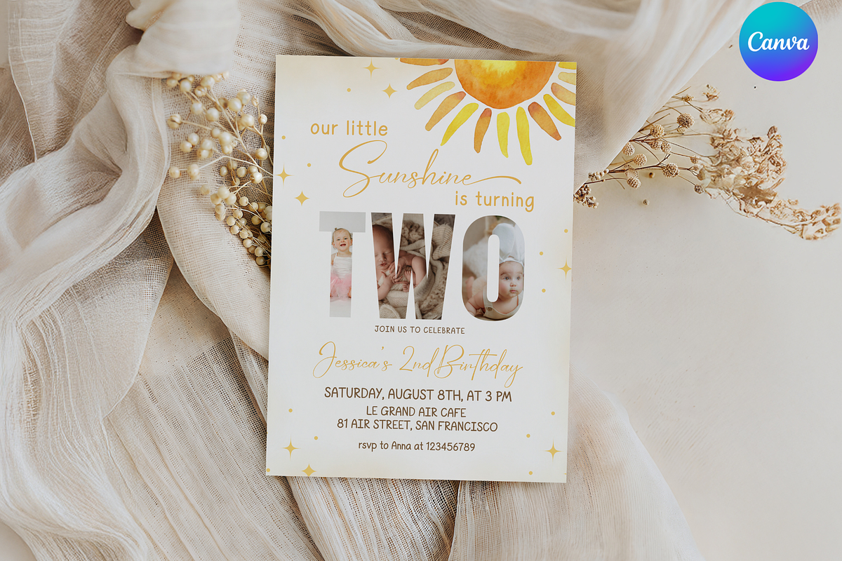 Sunshine Second Bday Photo Invite, a Templates & Theme by Digital_Mind (Photo 1 of 3)