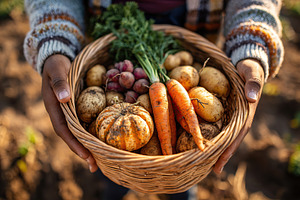 Hands hold a woven basket filled with freshly harvested colorful vegetables and, a Food & Drink Photo by AlyaAnd