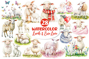 Watercolor Lamb & Ewe Love Clipart, an Illustration by Dream Creation