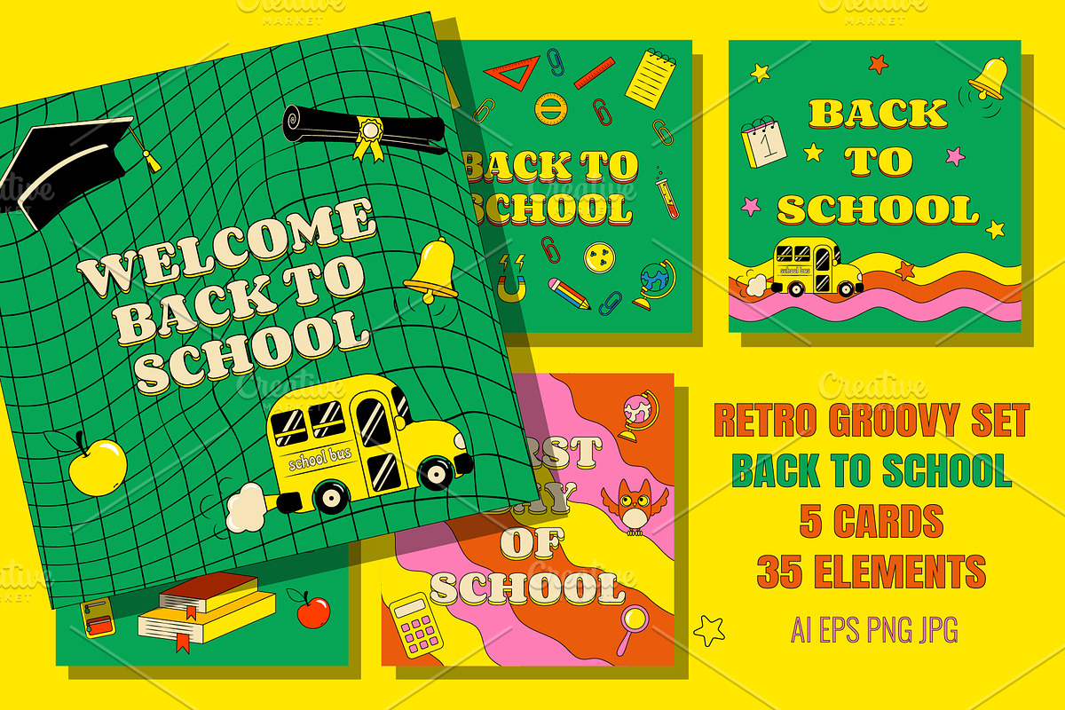 Back To School 5 Retro Groovy Cards, an Education Illustration by T Bild (Photo 1 of 5)