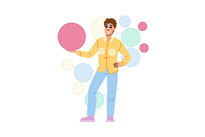 Young man showing a big pink round, an Illustration by pikepicture
