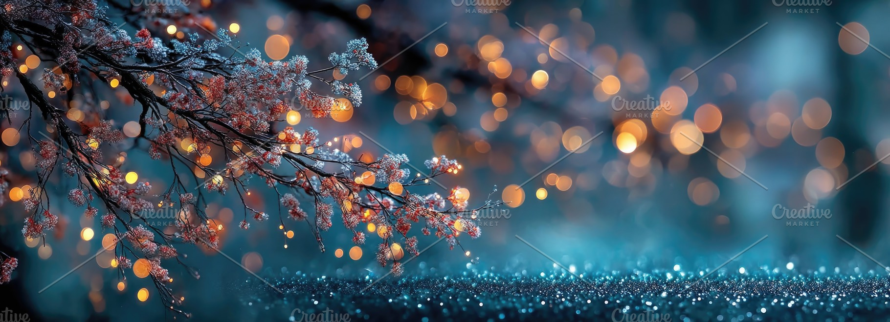 Frosted Winter Branch with Warm Bokeh Lights and Blue Copy Space, a Background Photo by José Manuel Gelpi