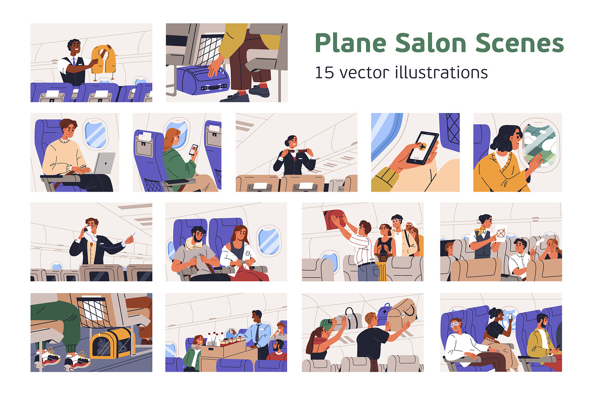 People travel by air in plane set, a Transportation Illustration by Good Studio (Photo 1 of 16)