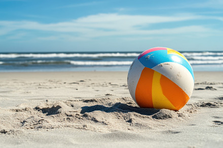 Colorful beach ball resting on sand, a Photo by Iftikhar Alam