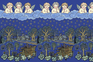 Illustration of little angels sitting on clouds above a traditio, a Seasonal Illustration by Imaginarium