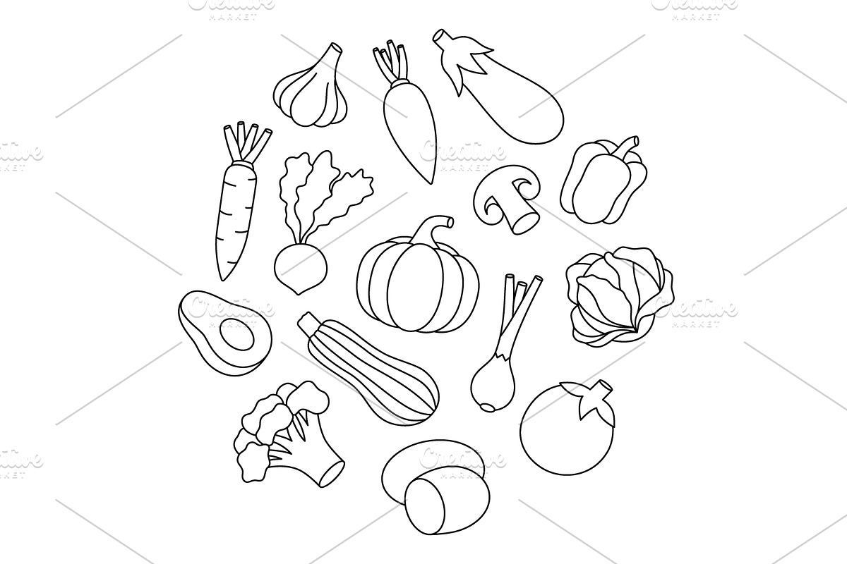 Vegetables outline set in circle, a Food Illustration by GraphiShop