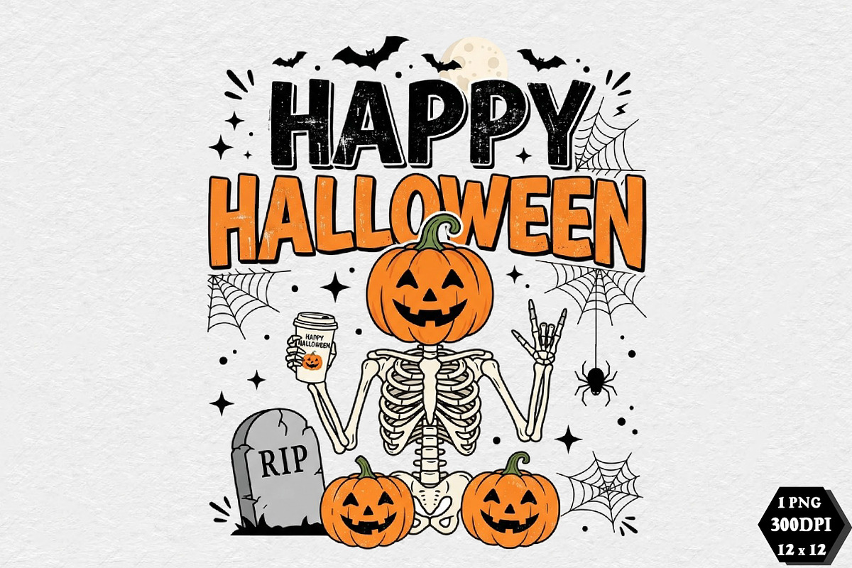 Skeleton Coffee Happy Halloween PNG, a Seasonal Illustration by DreamCafeArt (Photo 1 of 7)