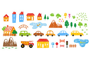 Vibrant crayon drawing countryside, a Transportation Illustration by Valerie Bodnar