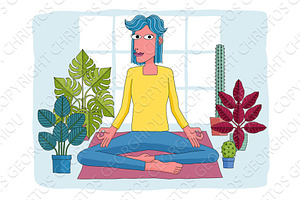 Woman Meditating Doing Yoga Pilates, a Person Illustration by Christos Georghiou