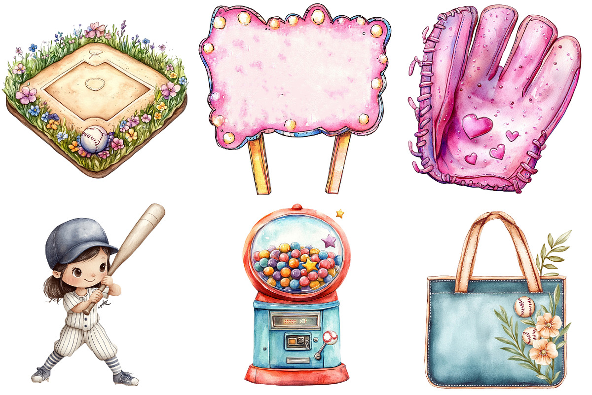 Retro Girly Baseball png Clipart, an Illustration by Watercolor design (Photo 4 of 4)