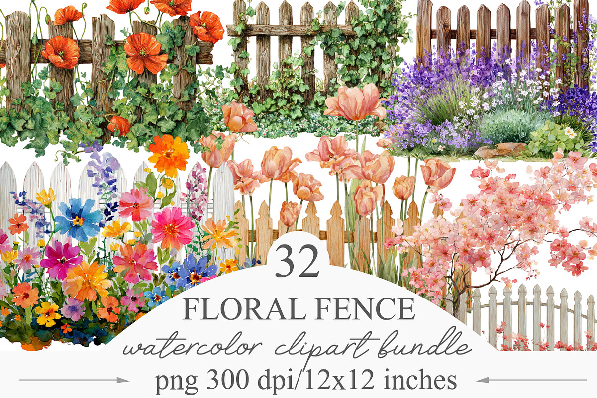 Watercolor Floral Fence Clipart, an Illustration by Designking (Photo 1 of 5)
