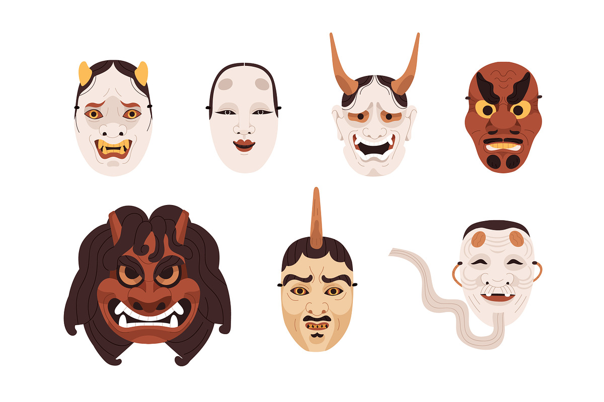 Japanese Noh theatrical masks set, a Decorative Illustration by Good Studio (Photo 3 of 7)