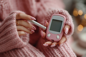 Woman monitoring glucose levels with a portable device in a cozy, a Health & Medical Photo by AS photostudio