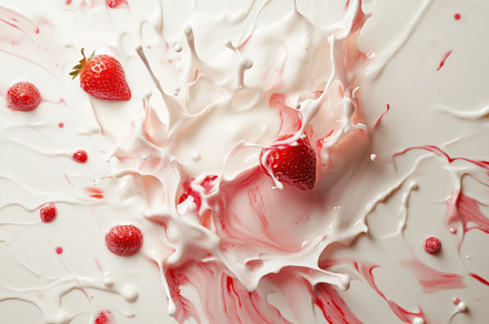 Vibrant strawberries creating splash, a Photo by Tanuart