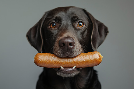 Chocolate labrador holds sausage, an Animal Photo by MistyDay