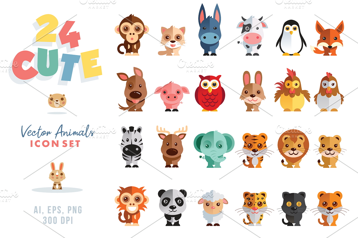 Cute Animals Vector Set, an Animal Illustration by Garden Project