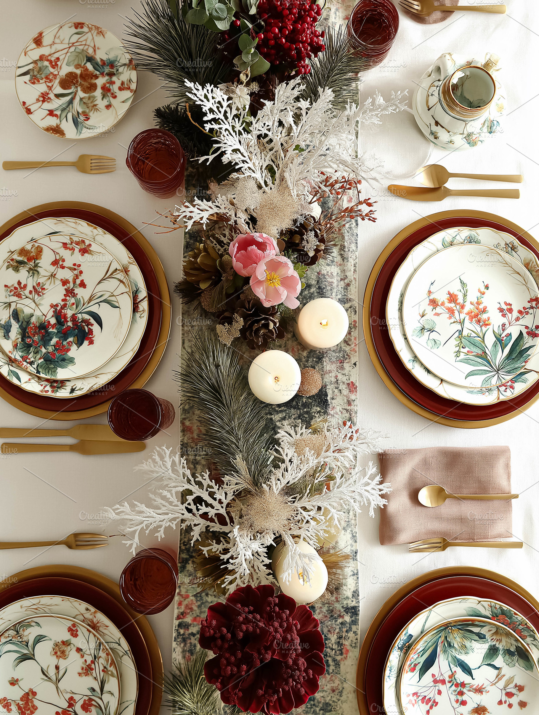 Festive holiday dinner table setting with elegant floral plates, golden cutlery, a Food & Drink Photo by Studio ANNA