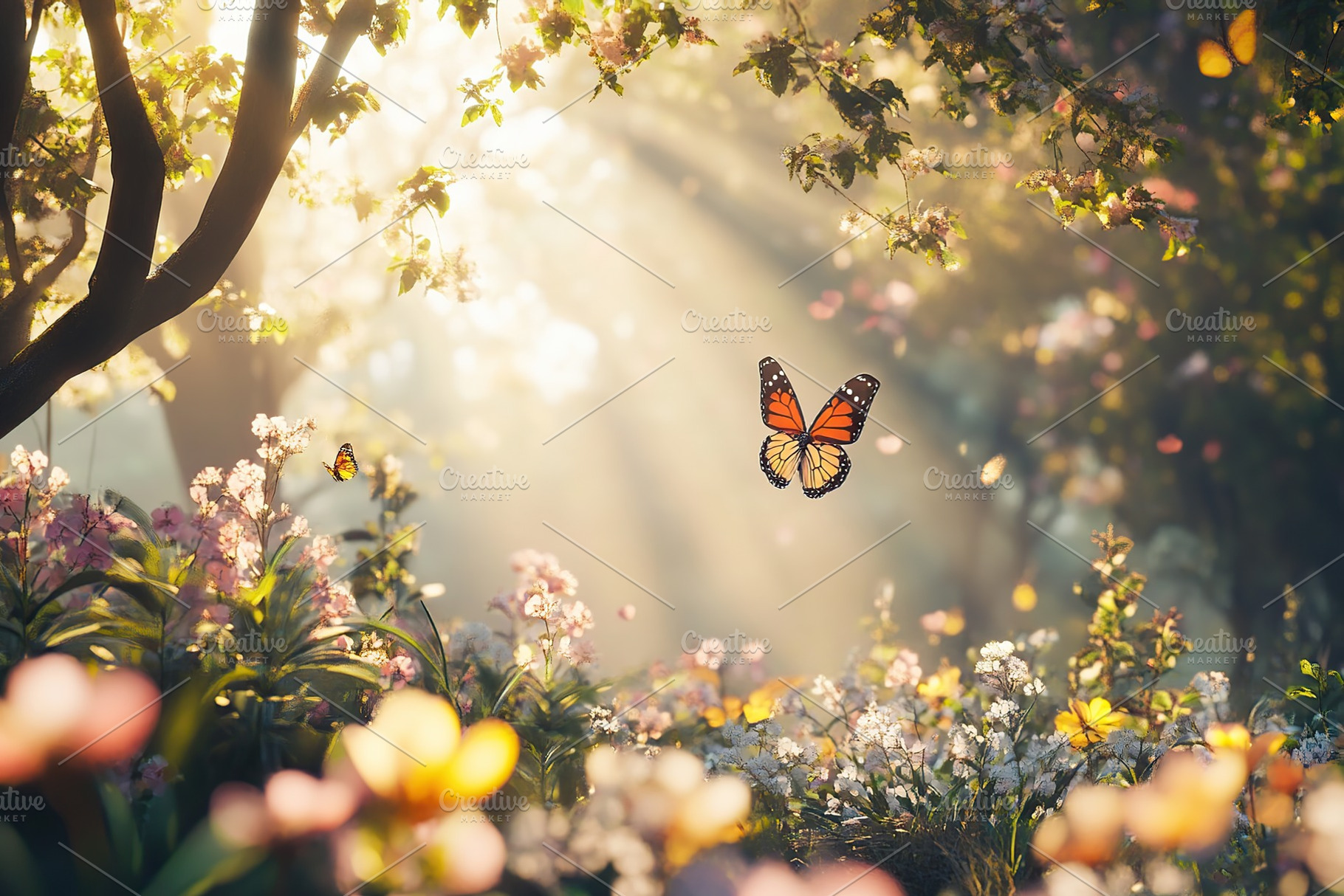 Summer spring flowers with flying butterfly on blurred nature background, a Nature Photo by AlyaAnd
