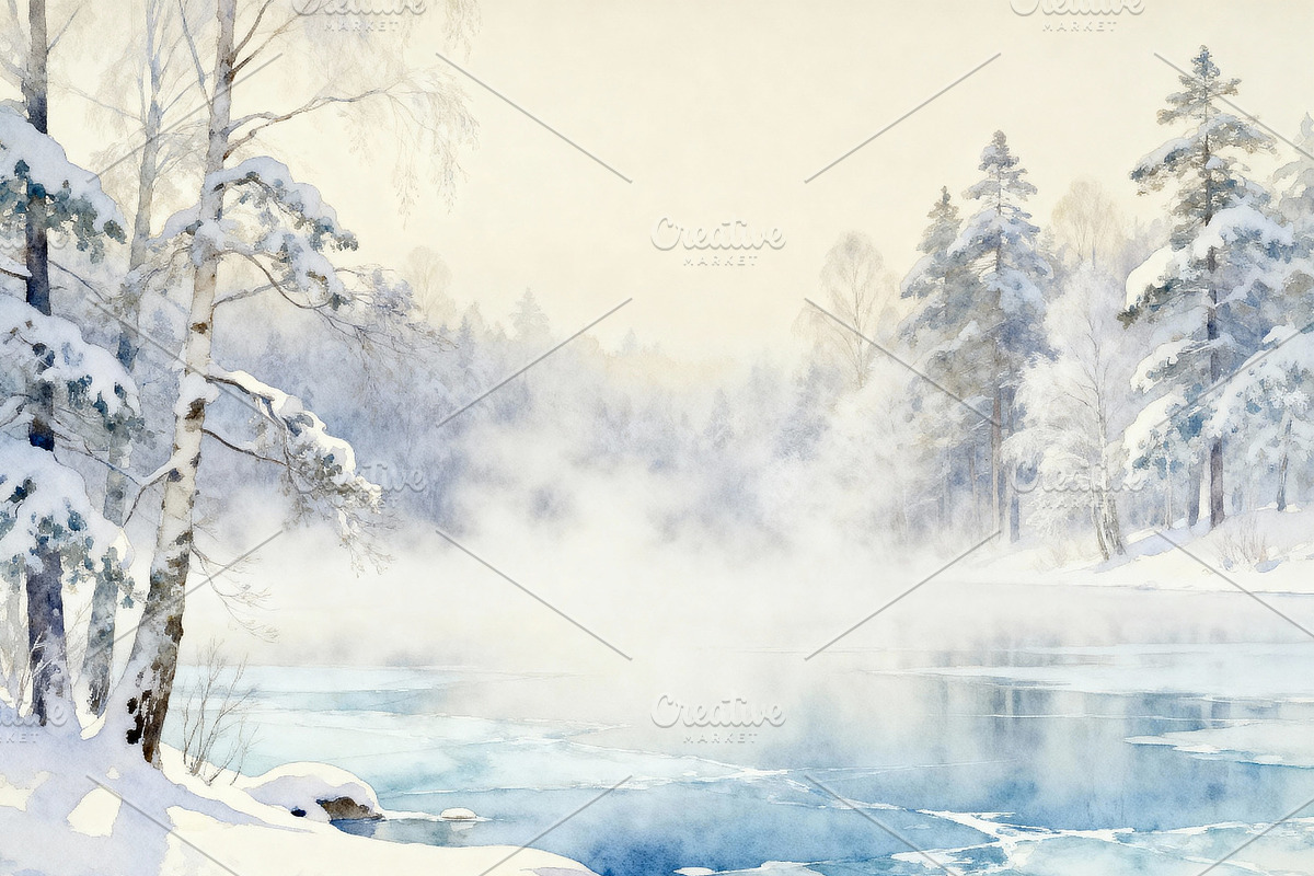 Misty Winter Lake Serene Watercolor, a Decorative Illustration by Virgo Studio