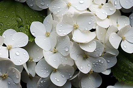 Hydrangea flowers background. Close-up of white hydrangea flowers with water dr, a Photo by Textures & Backgrounds