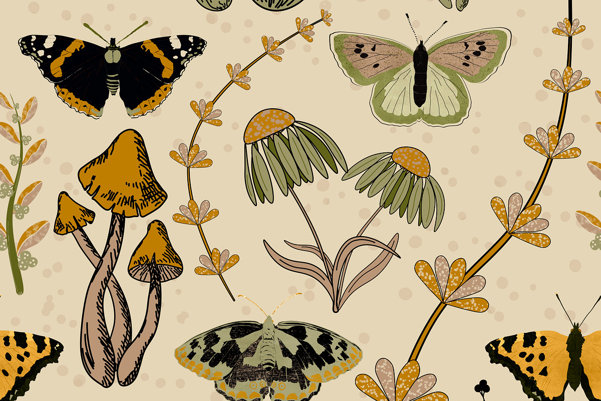 Butterflies and Mushrooms, a Pattern Graphic by Cesar Torres