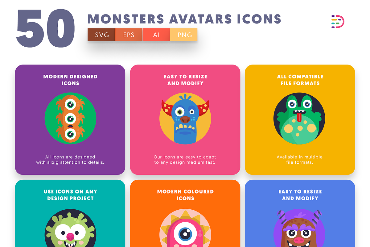 50 Monsters Avatars Icons, an Outline Icon by Dighital (Photo 6 of 10)