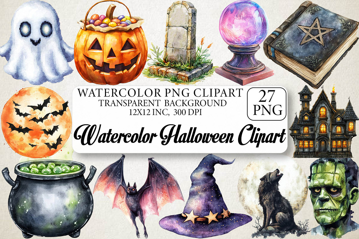Watercolor Halloween Clipart, an Illustration by DreamPrint404 (Photo 1 of 6)