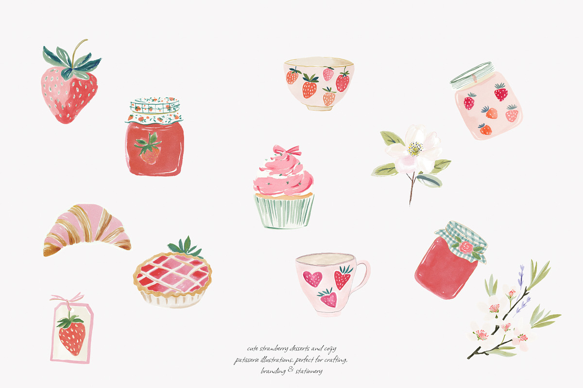 strawberry watercolor clipart set, a Decorative Illustration by Patishop Art (Photo 2 of 6)