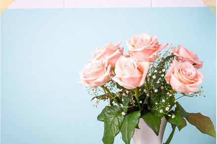 Pink rose flowers bouquet at blue, a Nature Photo by Nadia-nb