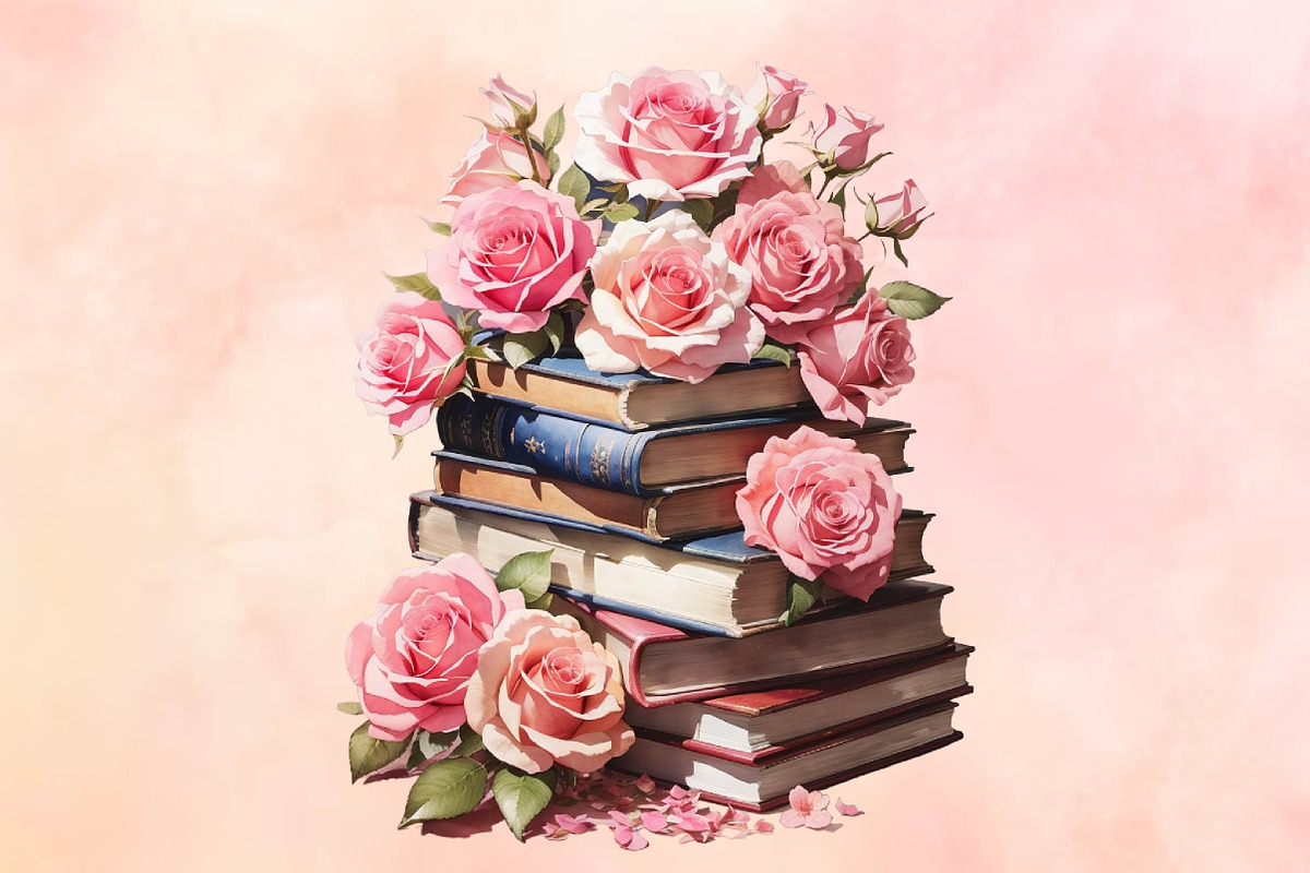 Watercolor Books with pink flower, a Seasonal Illustration by Craft Nest (Photo 5 of 5)