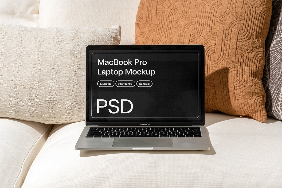MacBook Pro Laptop Mockup on Sofa, a Books & Magazine Mockup by Area Mockups (Photo 2 of 2)