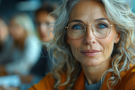 Mature female executive presenting with team in background, showcasing leadersh, a Photo by AS photostudio