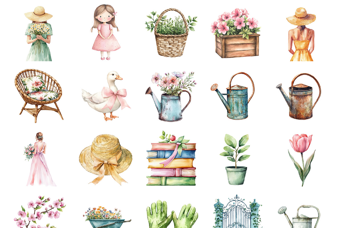 Watercolor Spring Garden Girl Clipar, an Illustration by Design Market (Photo 2 of 3)